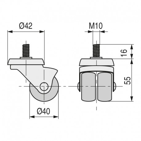 RUEDA GIRATORIA RUMBO ARO DOBLE ø40 ESPIGA ROSCADA M10 ZINCADO H55