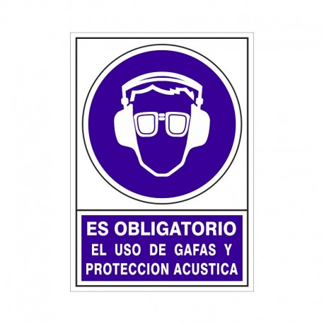 SEÑAL 624 PLÁSTICO 345x245 "ES OBLIGATORIO EL USO DE GAFAS Y PROTECCIÓN ACÚSTICA"