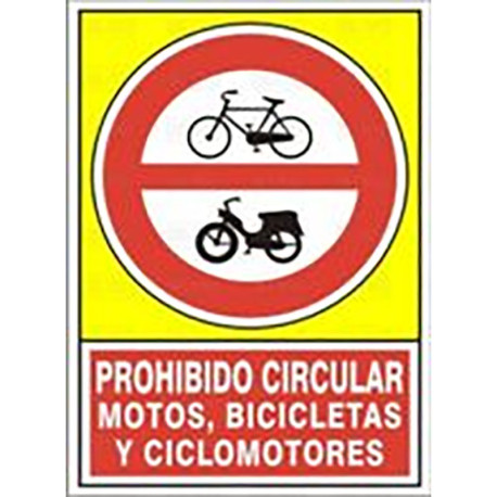 SEÑAL 423 ALUMINIO 345x245 "PROHIBIDO CIRCULAR MOTOS, BICICLETAS Y CICLOMOTORES"