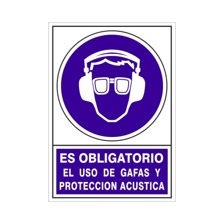 SEÑAL 624 PLÁSTICO 345x245 "ES OBLIGATORIO EL USO DE GAFAS Y PROTECCIÓN ACÚSTICA"