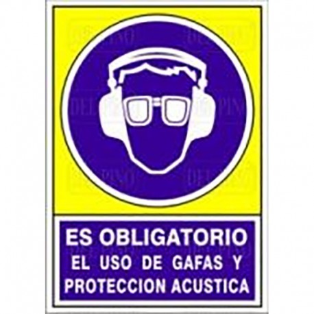 SEÑAL 624 ADHESIVO 148x105 "ES OBLIGATORIO EL USO DE GAFAS Y PROTECCIÓN ACÚSTICA"