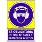 SEÑAL 624 ADHESIVO 148x105 "ES OBLIGATORIO EL USO DE GAFAS Y PROTECCIÓN ACÚSTICA"